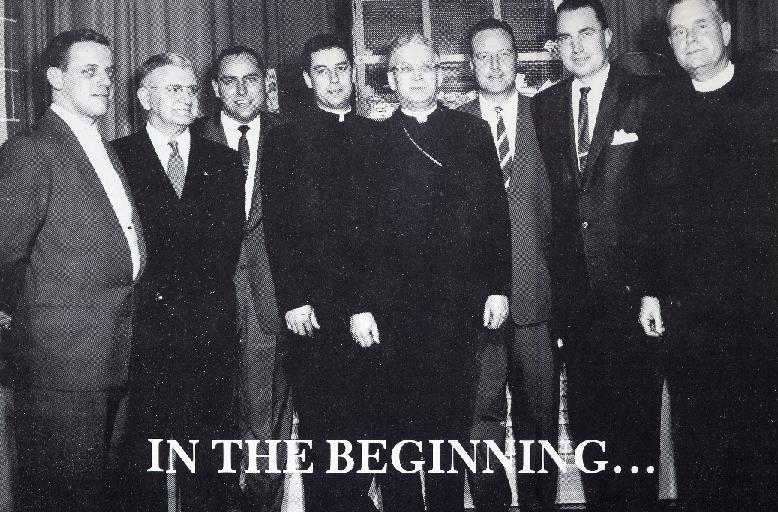 left to right:Lou Parsons, Vince Coglan, Ray McPherson, Rev. John Mullins, Bishop Allen, Jim Goddard, Paul Grace, Rev. P. H. Johnson